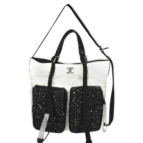 Chanel White Quilted Sateen & Black Tweed Large Shopping Bag - Picture 1 of 7